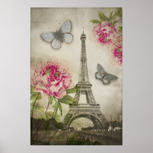 Vintage Paris Eiffel Tower Peonies poster