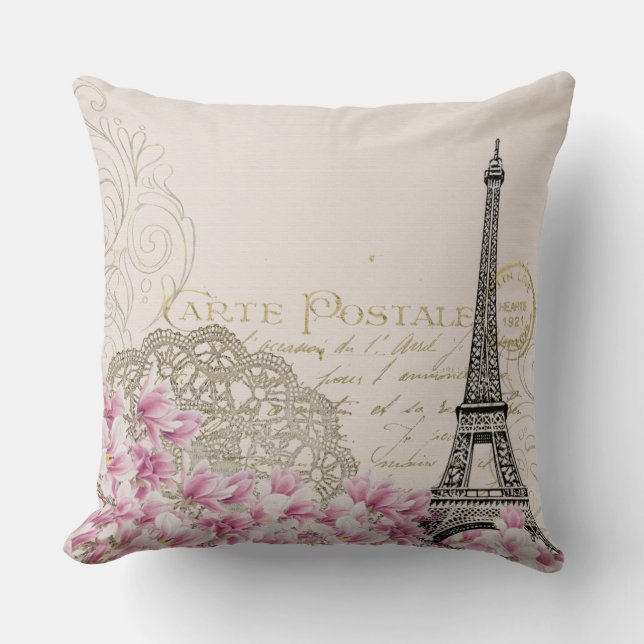 Vintage Paris Eiffel Tower &  Pink Floral Cushion (Front)