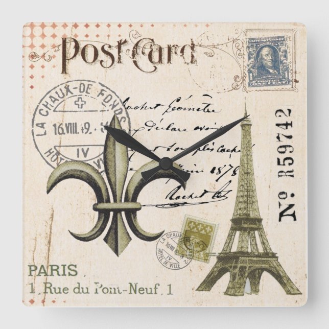 Vintage Paris Eiffel Tower postcard wall clock (Front)