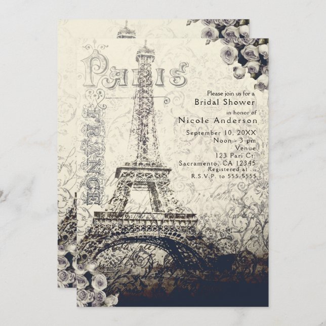 Vintage Paris Eiffel Tower & Roses Chic Invitation (Front/Back)