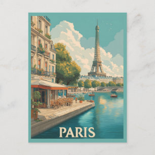 Vintage Paris : Eiffel Tower & Seine Café Postcard