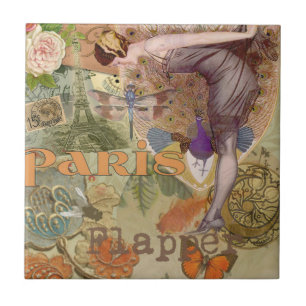 Vintage Paris Flapper Art Deco Peacock Collage Ceramic Tile