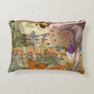 Vintage Paris Flapper Art Deco Peacock Collage Decorative Cushion