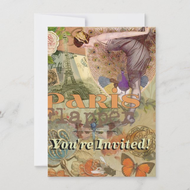 Vintage Paris Flapper Art Deco Peacock Collage Invitation (Front)