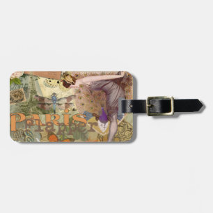 Vintage Paris Flapper Art Deco Peacock Collage Luggage Tag