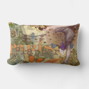 Vintage Paris Flapper Art Deco Peacock Collage Lumbar Cushion