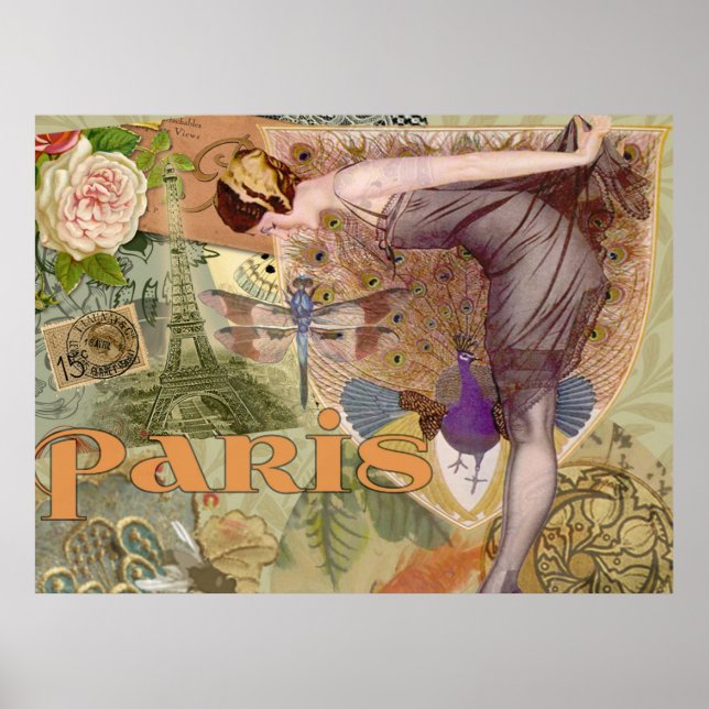 Vintage Paris Flapper Art Deco Peacock Collage Poster (Front)