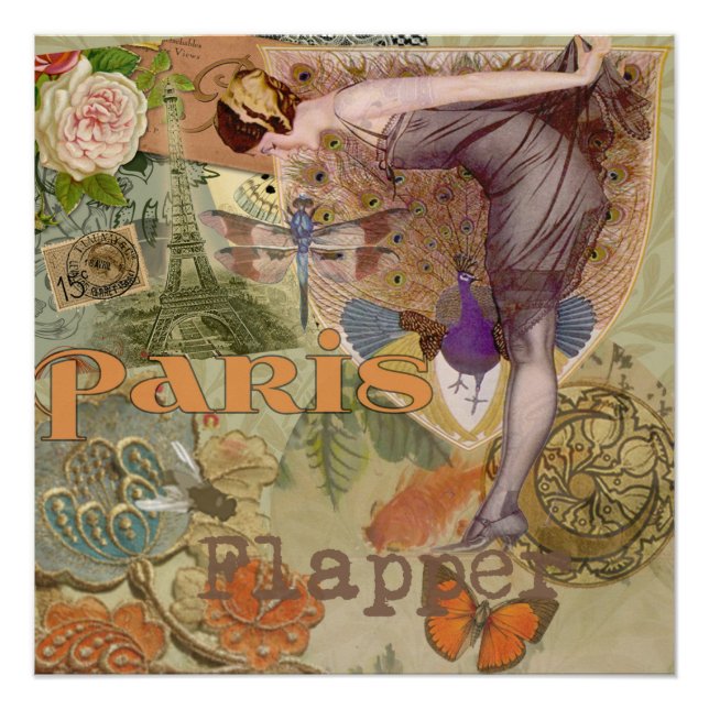 Vintage Paris Flapper Art Deco Peacock Collage Poster (Front)