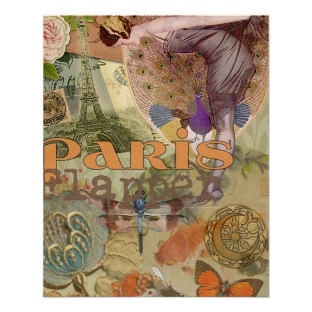 Vintage Paris Flapper Art Deco Peacock Collage Poster (Front)