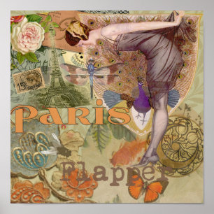 Vintage Paris Flapper Art Deco Peacock Collage Poster