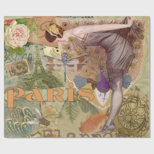 Vintage Paris Flapper Art Deco Peacock Collage Wrapping Paper