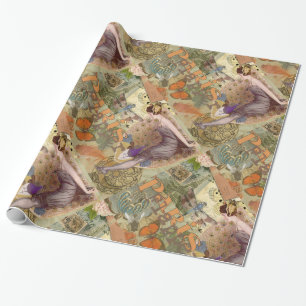 Vintage Paris Flapper Art Deco Peacock Collage Wrapping Paper