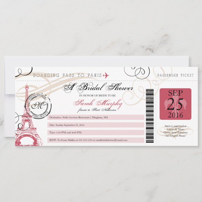 Vintage Paris France Bridal Shower Boarding Pass Invitation (Front)