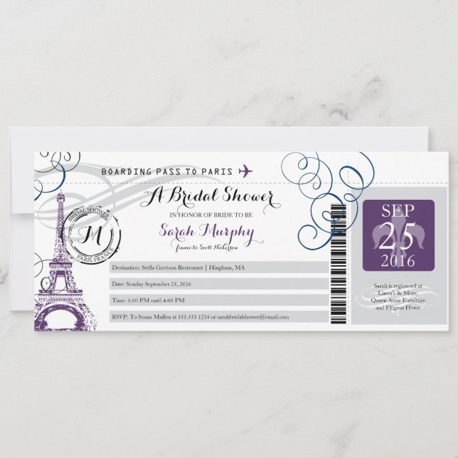 Vintage Paris France Bridal Shower Boarding Pass Invitation (Front)