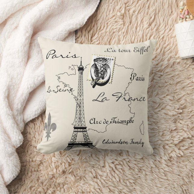 Vintage Paris France Eiffel tower travel monogram Cushion (Blanket)