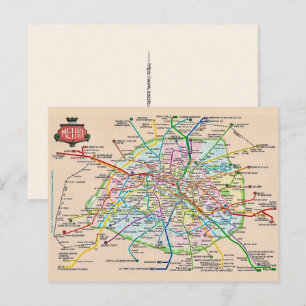 Vintage Paris France Metro Map Postcard