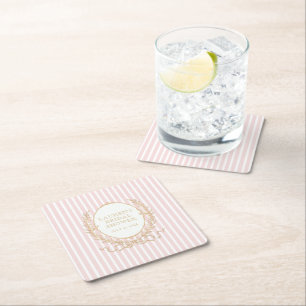 Vintage Paris Glam Pink Stripe Bridal Shower Square Paper Coaster