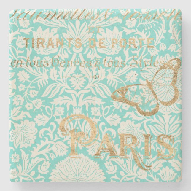 Vintage Paris Gold Design With Butterfly Stone Coaster (Front)