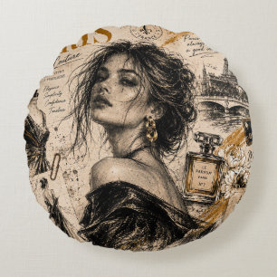 "Vintage Paris Haute Couture" Vintage Sketch Round Cushion