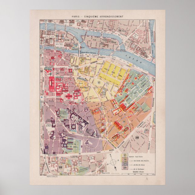 Vintage Paris Map, 1900 - 5th Arrondissement Poster (Front)