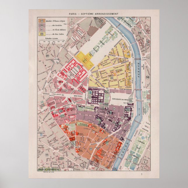 Vintage Paris Map, 1900 - 7th Arrondissement Poster (Front)