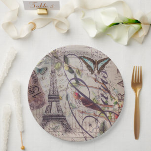 Vintage Paris Party French Botanical Eiffel Tower Paper Plate