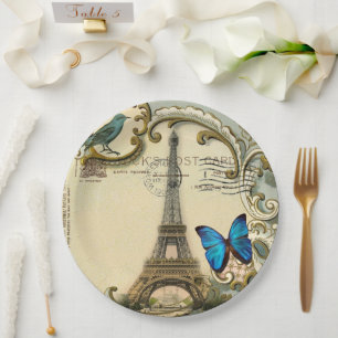 Vintage Paris Party French Botanical Eiffel Tower Paper Plate