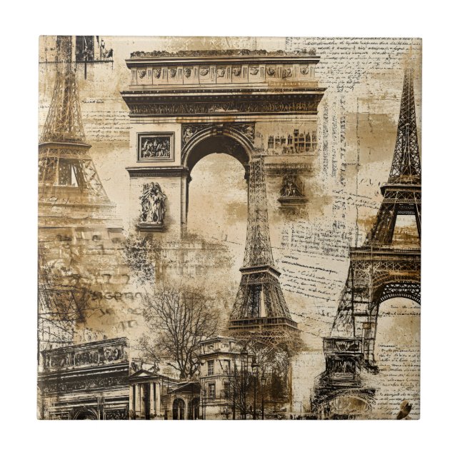 Vintage Paris Pattern – Eiffel Tower Landmarks Ceramic Tile (Front)