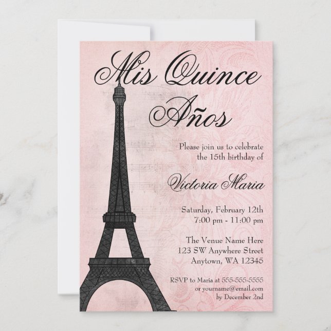 Vintage Paris Pink Black Sweet 15 Quinceanera Invitation (Front)