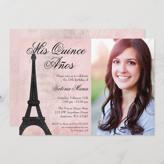 Vintage Paris Pink Black Sweet 15 Quinceanera Invitation (Front/Back)