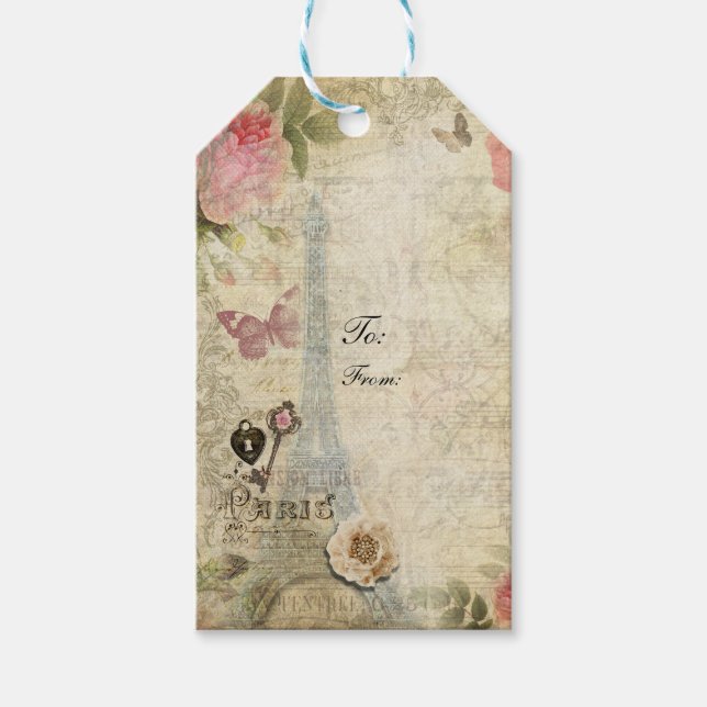 Vintage Paris Pink Roses Lock & Key Chic Wedding Gift Tags (Front)