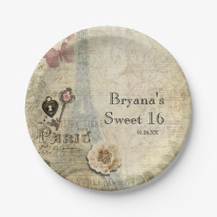 Vintage Paris Pink Roses Lock & Key Chic Wedding Paper Plate