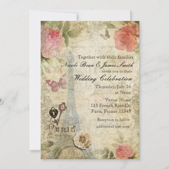 Vintage Paris Pink Roses Lock & Key Wedding Invitation (Front)