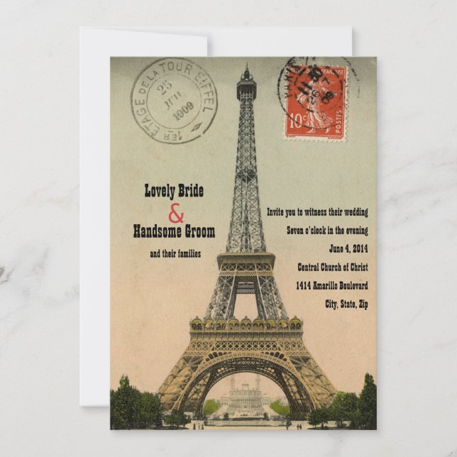 Vintage Paris Postcard Eiffel Tower Wedding Invite (Front)