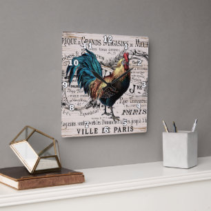 Vintage Paris Rooster Country wall decor Square Wall Clock