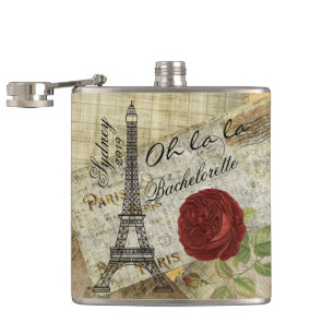 Vintage Paris Style - Red Rose- Bachelorette Hip Flask