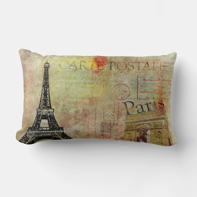 Vintage Paris Theme Lumbar Pillow/ Carte Postale Cushion (Front)