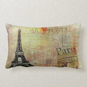 Vintage Paris Theme Lumbar Pillow/ Carte Postale Cushion