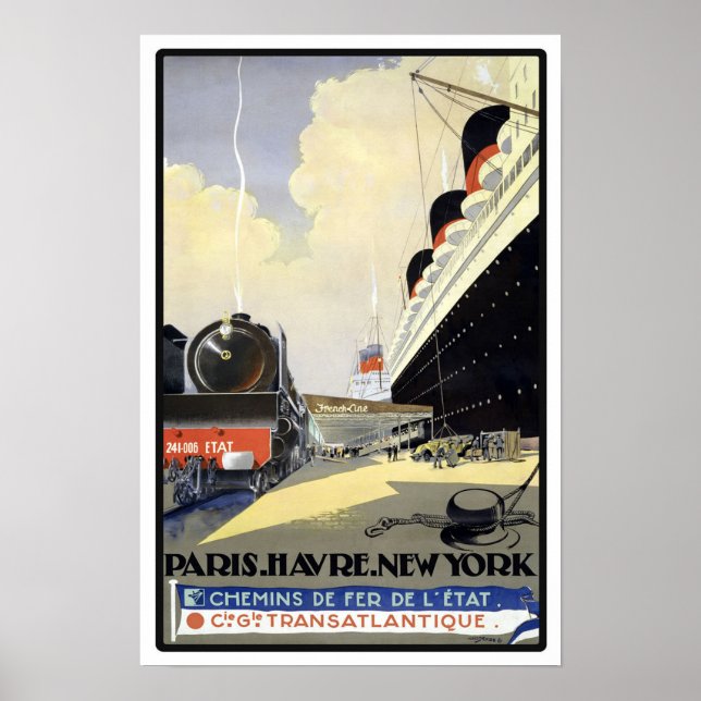Vintage Paris to New York Travel Poster (Front)