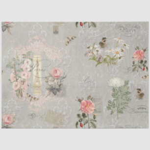 Vintage Paris Wildflower Pink Script Decoupage Art Tissue Paper