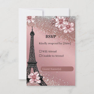 Vintage Parisian Blush Pink Silver Glitter Wedding RSVP Card