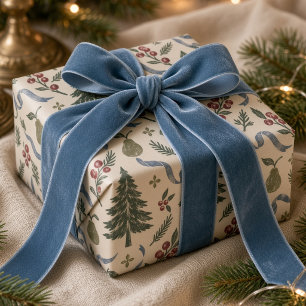 Vintage Partridge Pear Tree Blue Ribbon Christmas Wrapping Paper