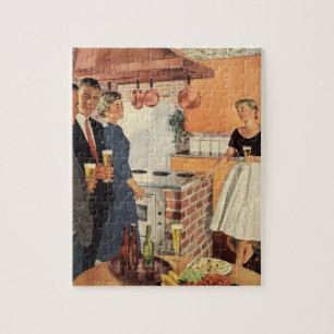 Vintage Party in the Kitchen, Beer and Appetizers Jigsaw Puzzle