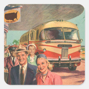 Vintage Passengers on Vacation at the Bus Depot Square Sticker