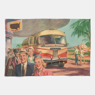 Vintage Passengers on Vacation at the Bus Depot Tea Towel
