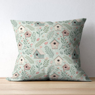 Vintage Pastel Birdhouses with Floral Blooms Cushion