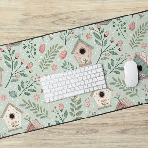 Vintage Pastel Birdhouses with Floral Blooms Desk Mat