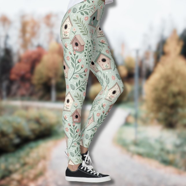 Vintage Pastel Birdhouses with Floral Blooms Leggings (Creator Uploaded)