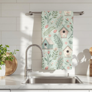 Vintage Pastel Birdhouses with Floral Blooms Tea Towel