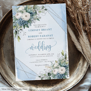 Vintage Pastel Blue White Silver Roses Wedding  Invitation